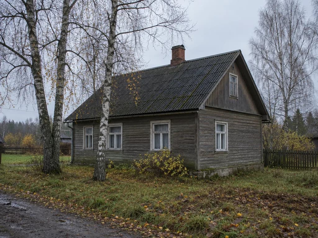 Üksik Eesti puumaja tellisest korstnapiibuga sügisel, hall taevas